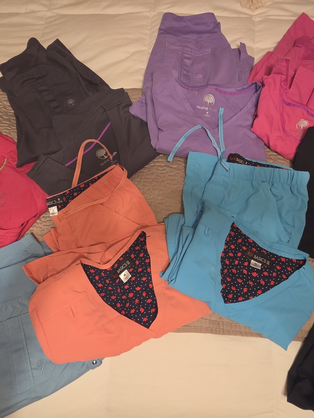Six Pair Healing hands Scrub Pants Lot in Purple, Blue, Black, Pink, 2 Koi Scubs